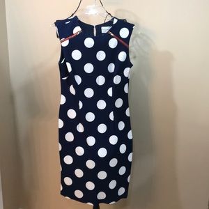 Blue dot dress with red zipper detail
